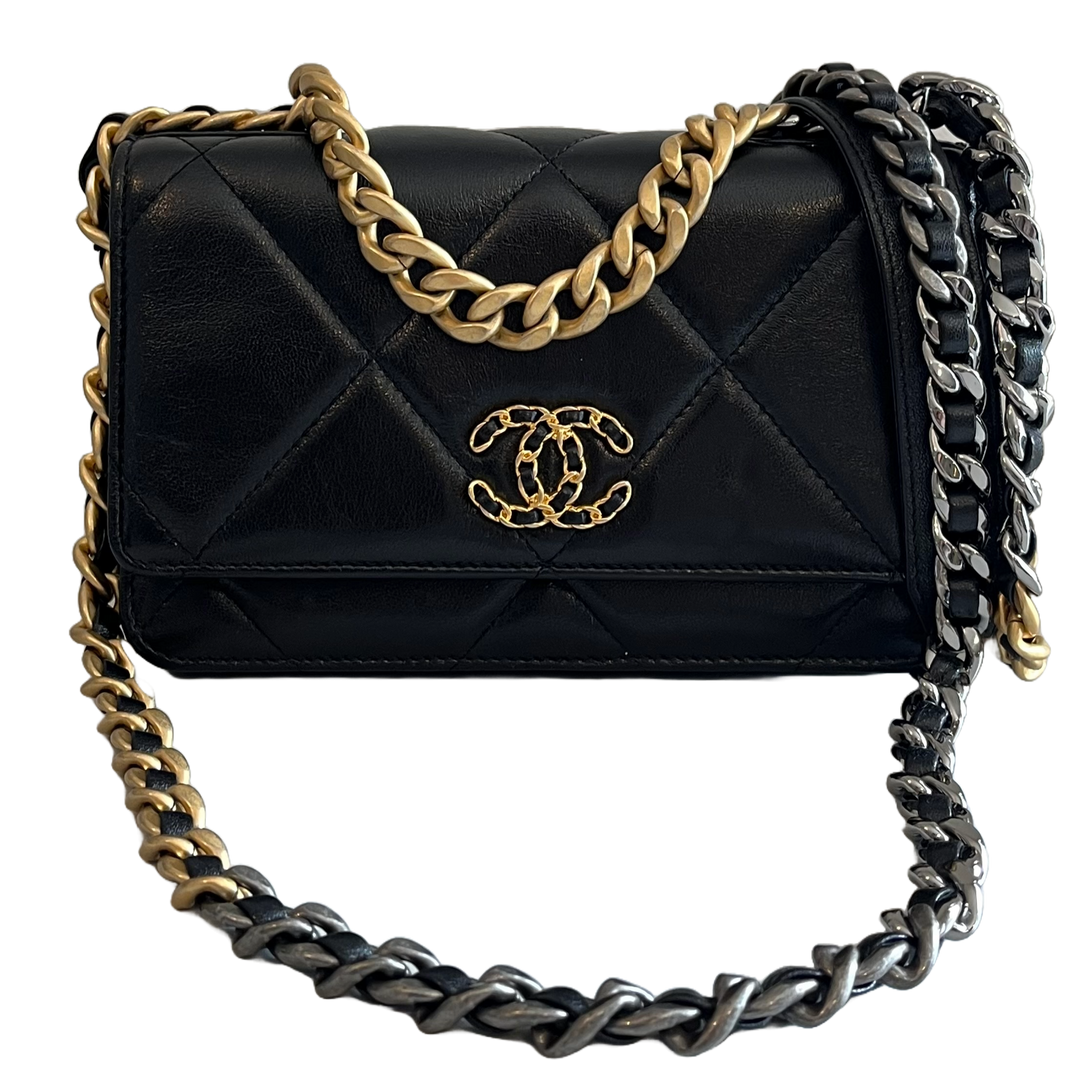 CHANEL Goatskin Quilted Chanel 19 Wallet On Chain WOC Black, FASHIONPHILE