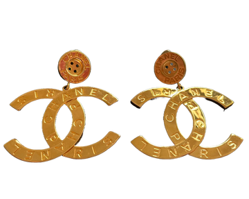 Chanel Large CC Button Drop Earrings Gold Tone