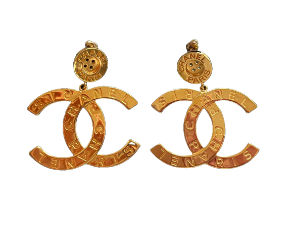 Chanel Large CC Button Drop Earrings Gold Tone