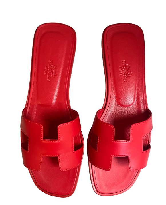 Hermes Oran Calfskin Leather Sandals, Coquelicot